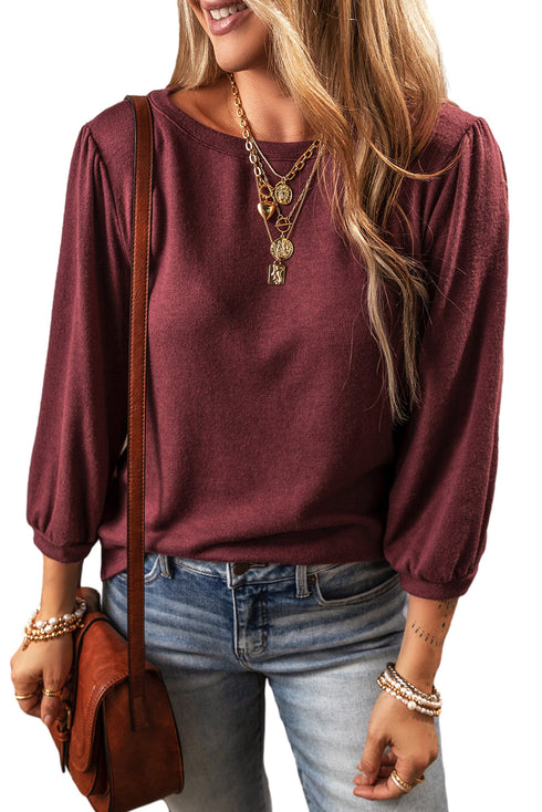 Solid Color 3/4 Sleeve Round Neck Blouse